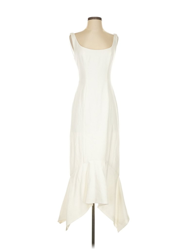 White Midi Mermaid Dress Lined Bridal Engagement Dress With Linen Look